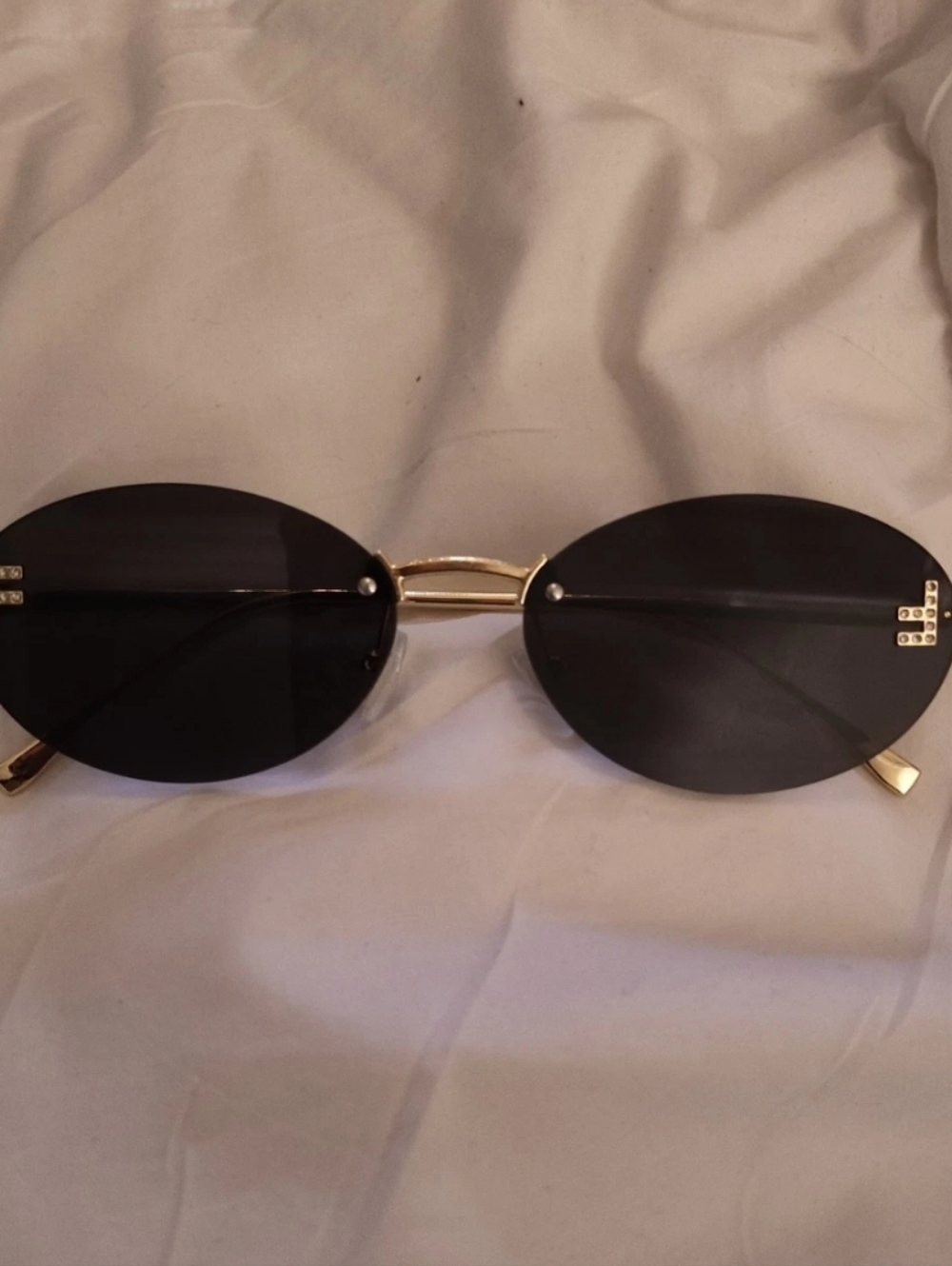F Letter Luxury Sunglasses Oval Black Gold With Rhinestone Detail Not Name Brand